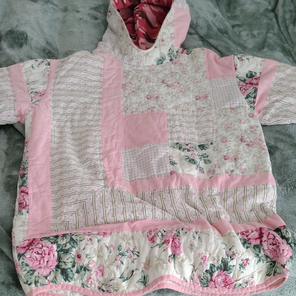 Floral Patchwork Hoodie Sweater - Pink and White